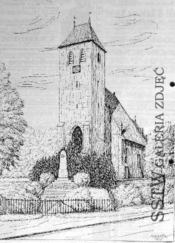 Elbląg, Pomnik przed kościołem w Próchniku na przedwojennej rycinie