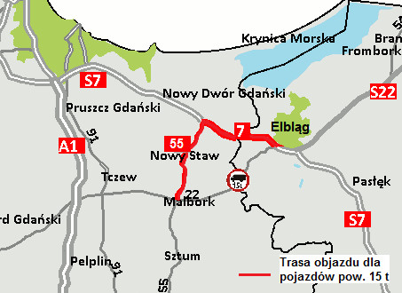 Elbląg, Objazd dla pojazdów o dopuszczalnej masie powyżej 15 t prowadzi drogami krajowymi nr 7 oraz nr 55