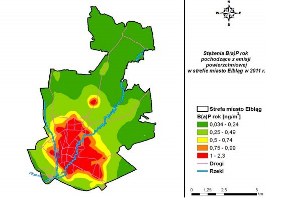 Elbląg, Praktycznie całe miasto jest zagrożone nadmierną emisją benzoalfapirenu (grafika pochodzi z Programu Ochrony Środowiska dla Elbląga)