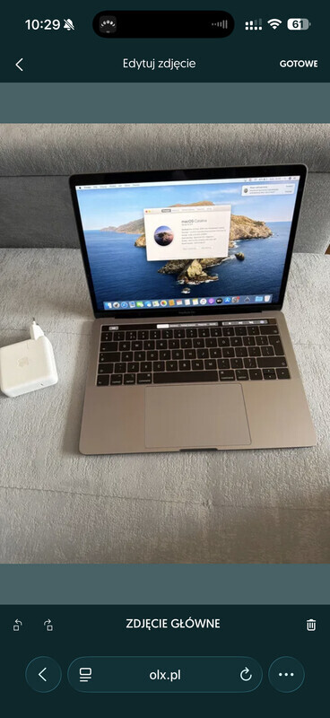Elbląg MacBook Pro 2019  13 cali z ładowarką (bez kabla USB C)
Całkowicie sprawny 
Intel core i5 
8 GB ram
128ssd
