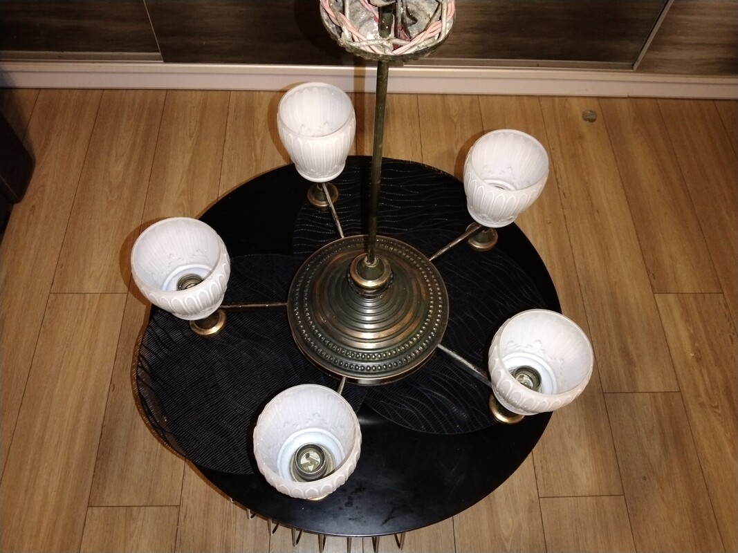 Elbląg klasyczny, wieloramienny żyrandol z metalową (mosiężno-brązową) konstrukcją i mlecznymi kloszami ze szkła. Taki