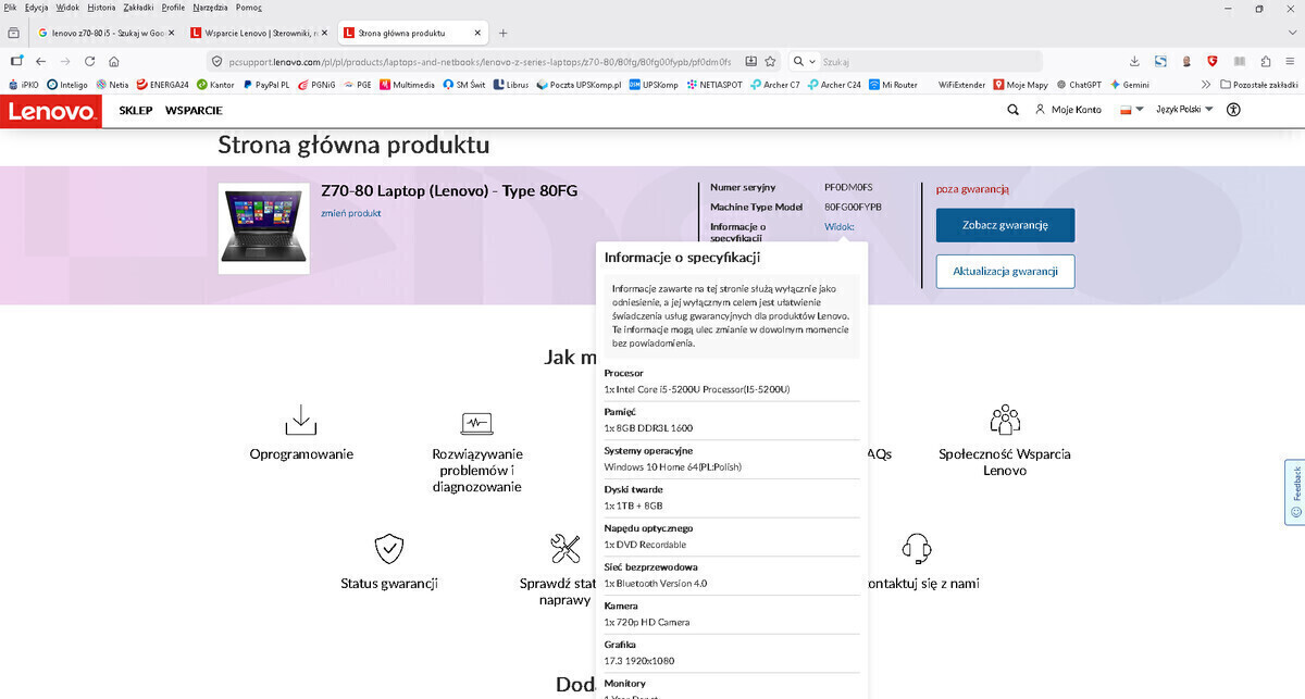 Elbląg Notebook 17 Lenovo Z70-80 - Type 80FG i5-5200U 2.2Ghz RAM8GB SSD500GB nVidia GeForce840M4GB MS-Windows 11 Pro