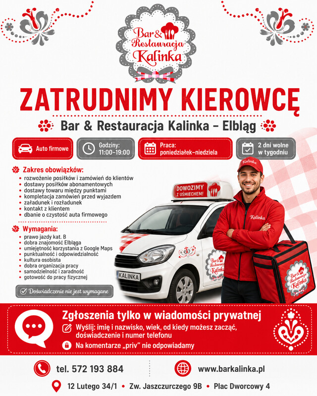 Elbląg ZATRUDNIĘ KIEROWCĘ – ELBLĄG Szukamy kierowcy do pracy przy rozwożeniu posiłków dla Baru Kalinka / FitElita.