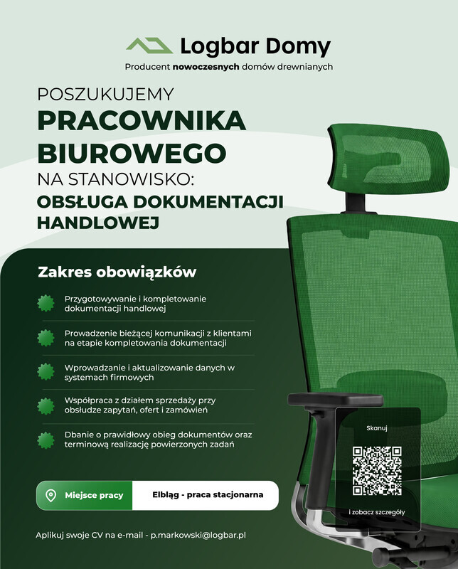 Elbląg Poszukujemy osoby na stanowisko Specjalisty ds. Obsługi Dokumentacji Handlowej.
Jeśli cechuje Cię dokładność,