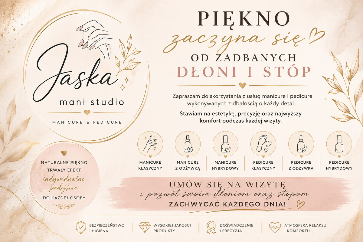 Elbląg JASKA mani studio
Zapraszam do skorzystania z usług manicure i pedicure
wykonywanych z dbałością o każdy detal.