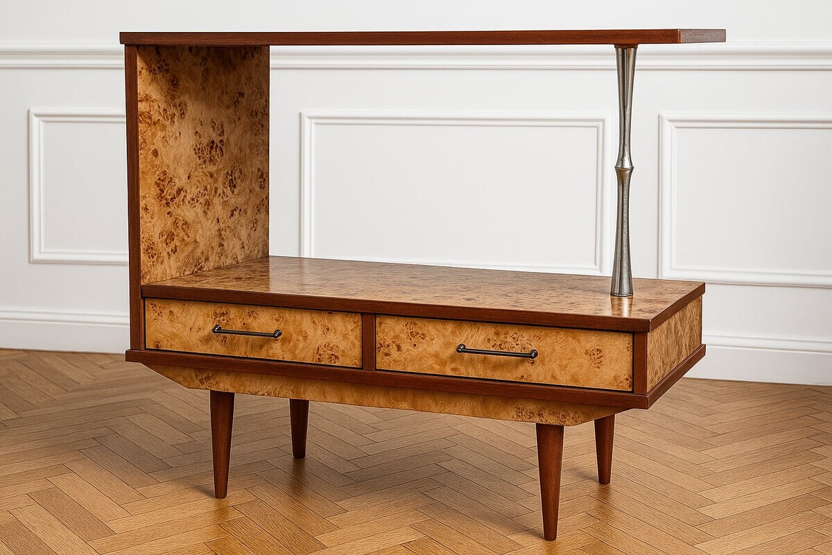 Elbląg Stolik RTV w stylu artdeco, lata 70te, stan dobry, drewno egzotyczne, unikalny projekt i wybarwienie Szer