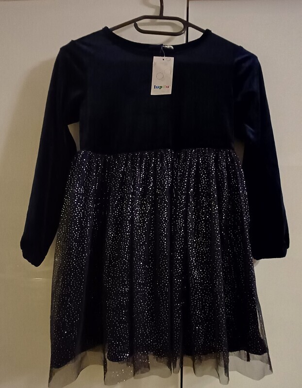 Elbląg NOWA sukienka rozmiar 122/128 6-8 lat, granatowa elegancka góra welurowa dół błyszczący rękawki na gumeczkę