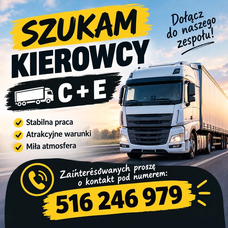 Elbląg Witam! Poszukuje kierowcy na stałe lub dorywczo C+E wywrotka. Transport krajowy płody rolne. Baza okolice