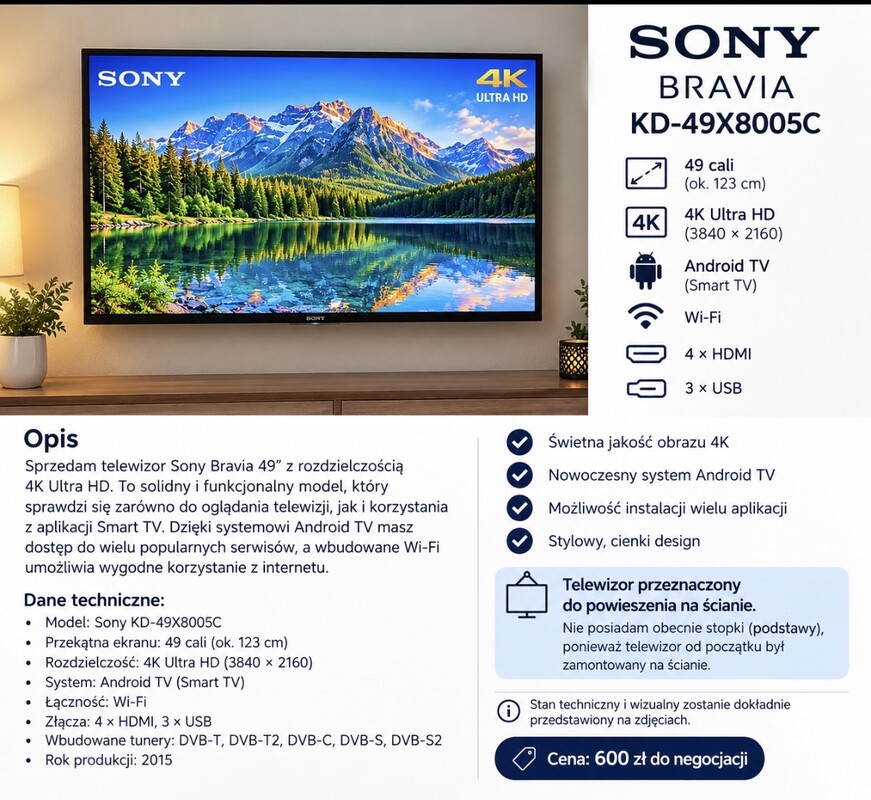 Elbląg Sprzedam telewizor Sony Bravia o przekątnej 49 cali (ok. 123 cm), z rozdzielczością 4K Ultra HD.