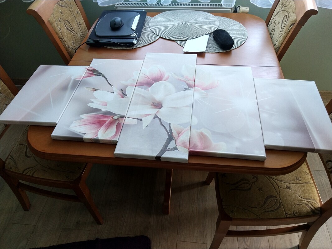 Elbląg Sprzedam piękny, pięcioczęściowy obraz przedstawiający magnolie. Jest on drukowany na gładkim płótnie