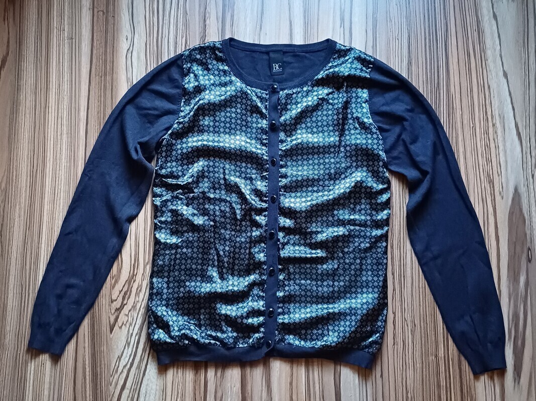 Elbląg Sweterek damski dzianinowy granatowy B. C.BEST CONNETIONS, Rozmiar 38,pasuje ns S M, przód atłasowy,