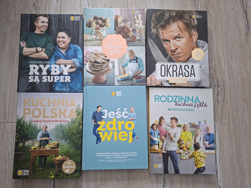 Elbląg Książki kucharskie. Jak nowe. 
Dania mięsne, ryby, ciasta, ciasteczka, torty. 
Polecam. 
Cena 50 zł za 6 szt. ,