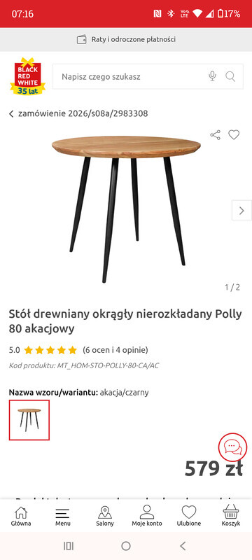 Elbląg Stół drewniany okrągły nierozkładany Polly 80 akacjowy. 
Stół jest nowy.