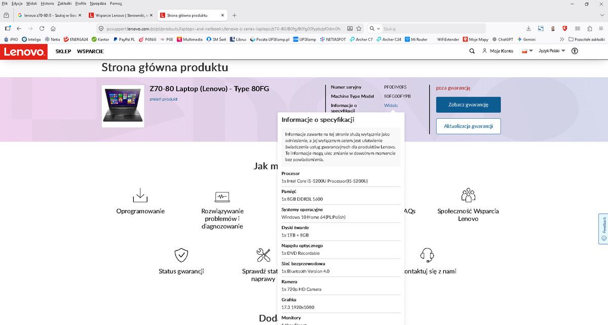 Elbląg Notebook 17 Lenovo Z70-80 - Type 80FG i5-5200U 2.2Ghz RAM8GB SSD500GB nVidia GeForce840M4GB MS-Windows 11 Pro