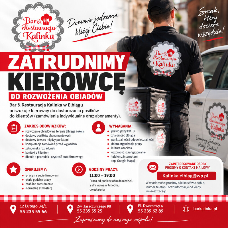 Elbląg Bar & Restauracja Kalinka w Elblągu zatrudni kierowcę do rozwożenia obiadów.