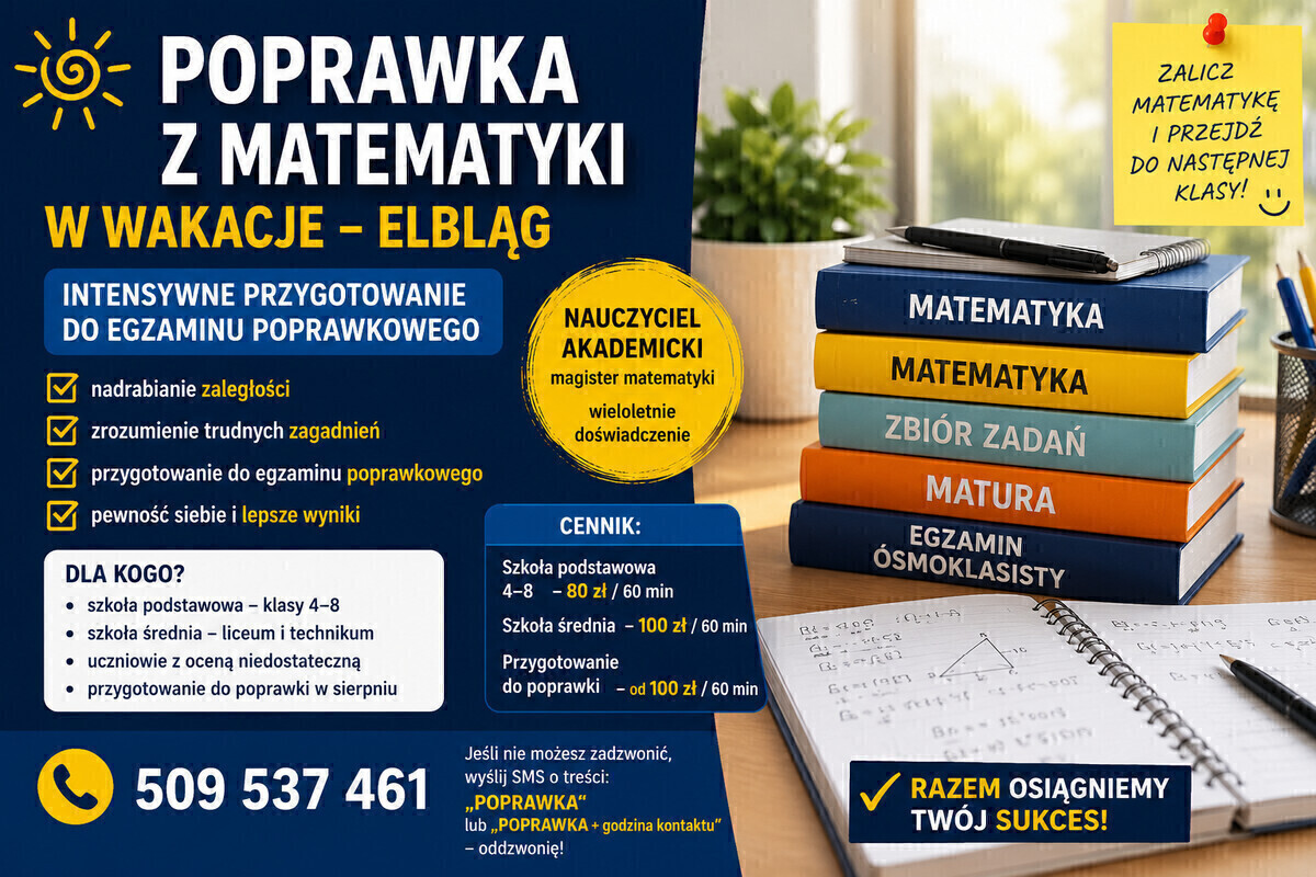 Elbląg 📚 Poprawka z matematyki w wakacje – Elbląg 📚Intensywne przygotowanie do egzaminu poprawkowego