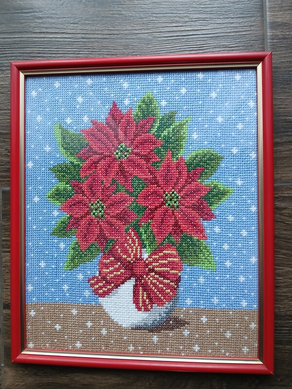 Elbląg Sprzedam obraz haftowany -haft krzyżaków-, obraz przedstawia gwiazde betlejemską ( kwiat ) w wazonie. wymiary