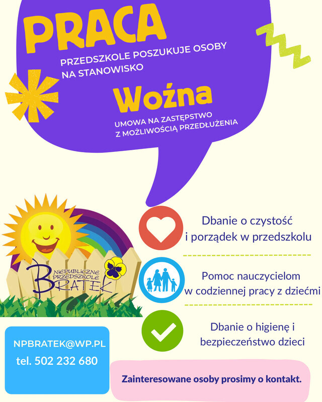 Elbląg Niepubliczne przedszkole Bratek zatrudni osobę na stanowisko WOŹNA
