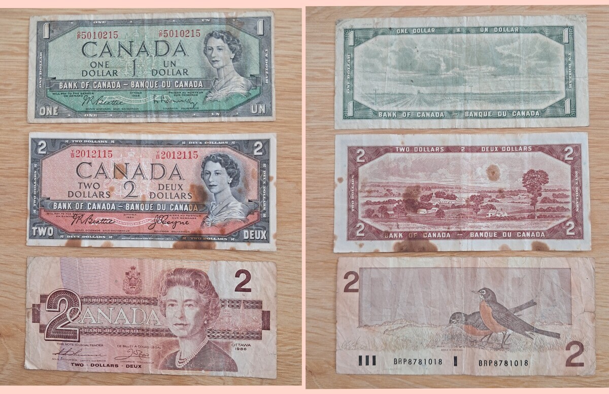 Elbląg Sorzedam- Stan jak na zdjęciach
Zestaw 3 starych banknotów Kanady (1 i 2 Dolary) – Królowa Elżbieta