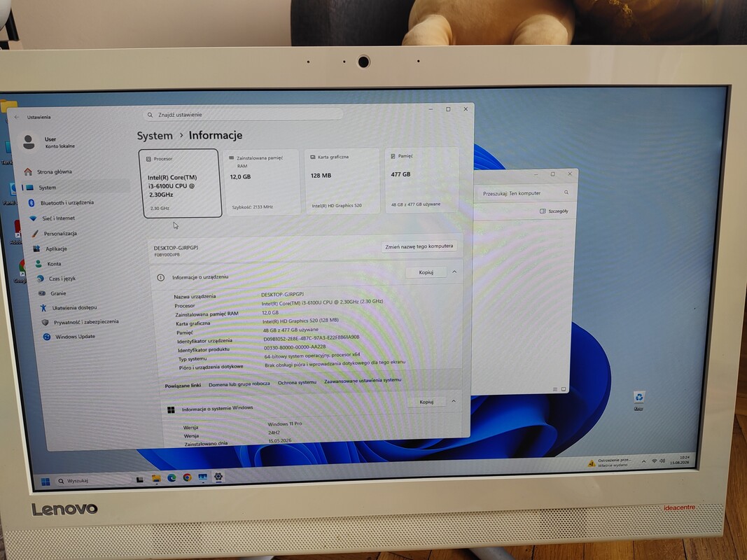 Elbląg Sprzedam komputer AIO Lenovo ideacentre 300 23isu. Procesor i3 6100,12GB ddr4 ram, dysk ssd 512GB, wi-fi +