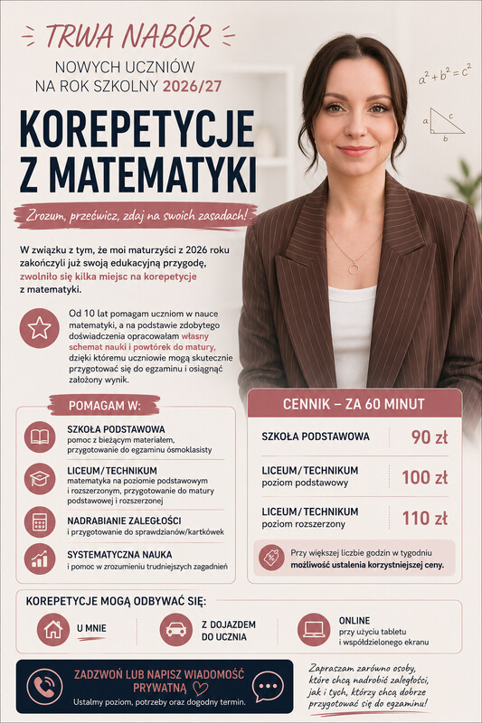 Elbląg TRWA NABÓR NOWYCH UCZNIÓW NA ROK SZKOLNY 2026/27KOREPETYCJE MATEMATYKA