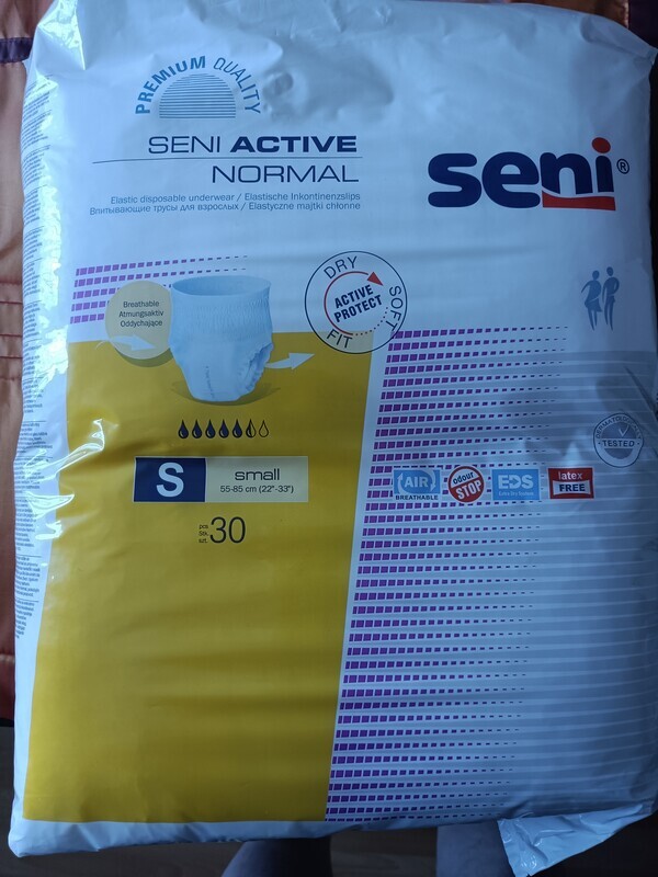Elbląg Sprzedam pieluchomajtki SENI rozm, S w paczkach po 30 szt. Cena 15 zł. za paczkę.