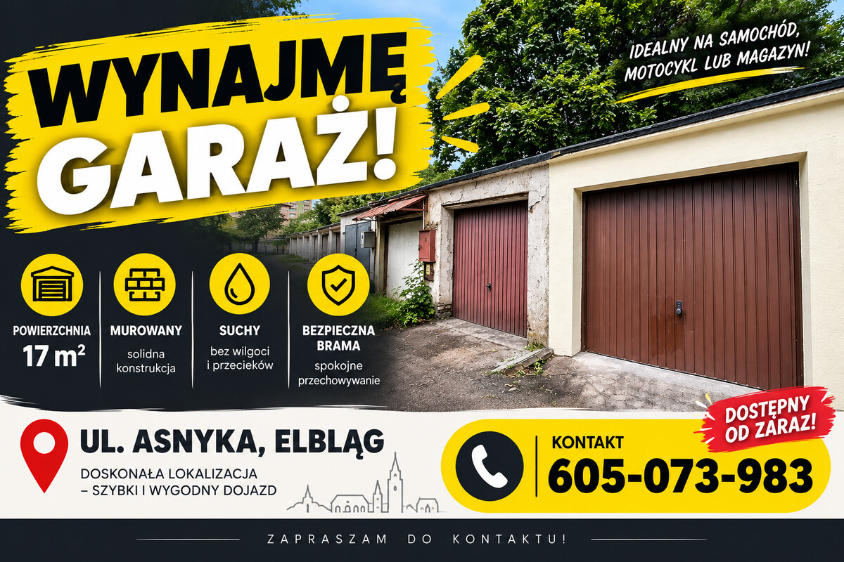 Elbląg Wynajmę garaż przedstawiony na zdjęciach, solidna murowana konstrukcja. Bezpieczna stabilna brama Wiśniowski