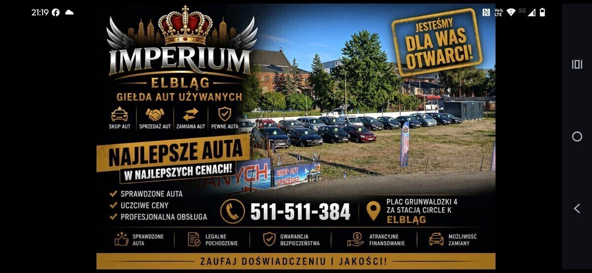 Elbląg IMPERIUM GIEŁDA AUT UŻYWANYCH Skup – Sprzedaż – Zamiana samochodów82-300 Elbląg, Plac Grunwaldzki 4
