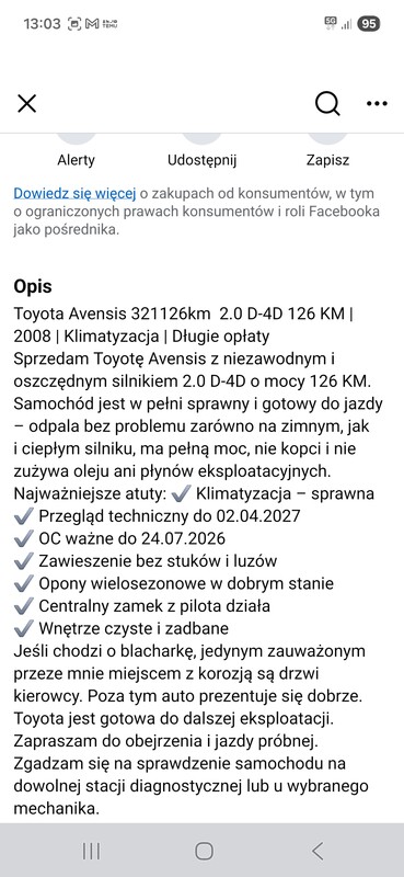 Elbląg 🚗 Toyota Avensis 2.0 D-4D 126 KM z 2008 roku – Idealna na długie trasy!Kontakt: 883 859 611