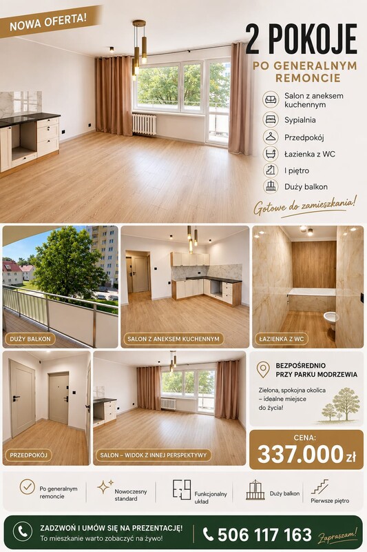 Elbląg 2-pokojowe mieszkanie po remoncie przy Parku Modrzewia! Duży balkon Pierwsze piętro Blok z lat 90 Cena: 337 000