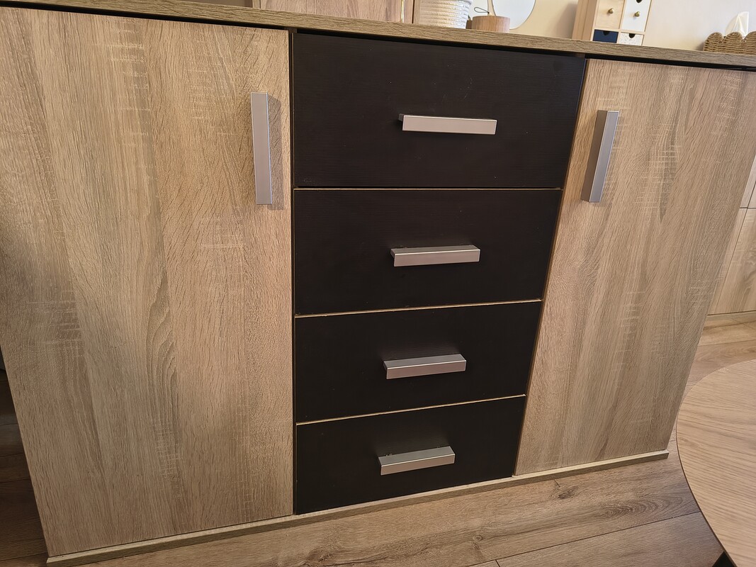 Elbląg Witam. Duża komoda pólki szuflady dąb sonoma - czarny dł120/wys 80/gł35 cm