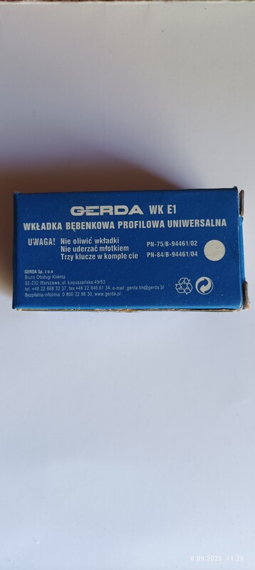 Elbląg Sprzedam;. 3 nowe kompletne wkładki bębenkowe do zamka Gera. Cena za 3 wkładki 25 zł.