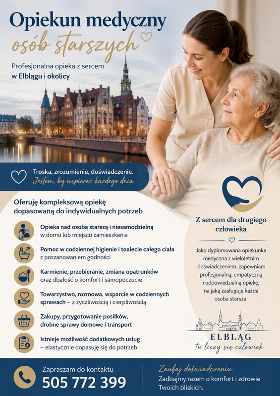 Elbląg Opiekun medyczny osób starszychJestem dyplomowaną opiekunką medyczną z wieloletnim doświadczeniem. Świadczę