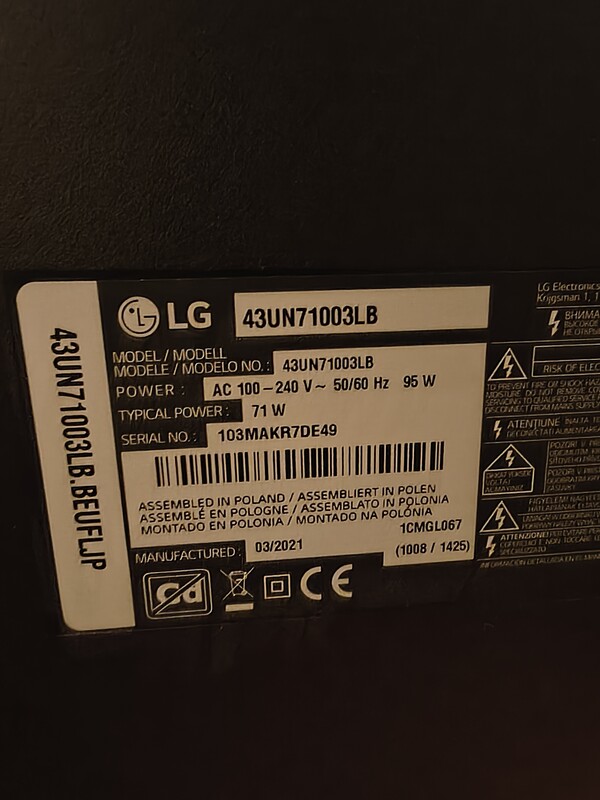 Elbląg Sprzedam telewizor LG 43UN71003LB z 2021r. z awarią podświetlenia matrycy (prawdopodobnie przepalone soczewki