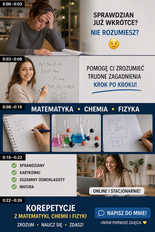 Elbląg Pelne przygotowanie do poprawek. Udzielam korepetycji z matematyki, fizyki, chemii. Przygotowuję do egzaminów