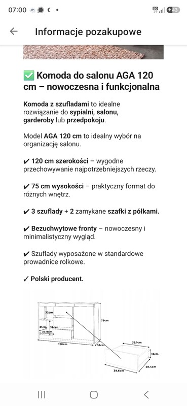 Elbląg Komoda 120 cm Aga Antracyt Wotan matowa z szufladami pojemna nowoczesna do salonu. Komoda jest już złożona i