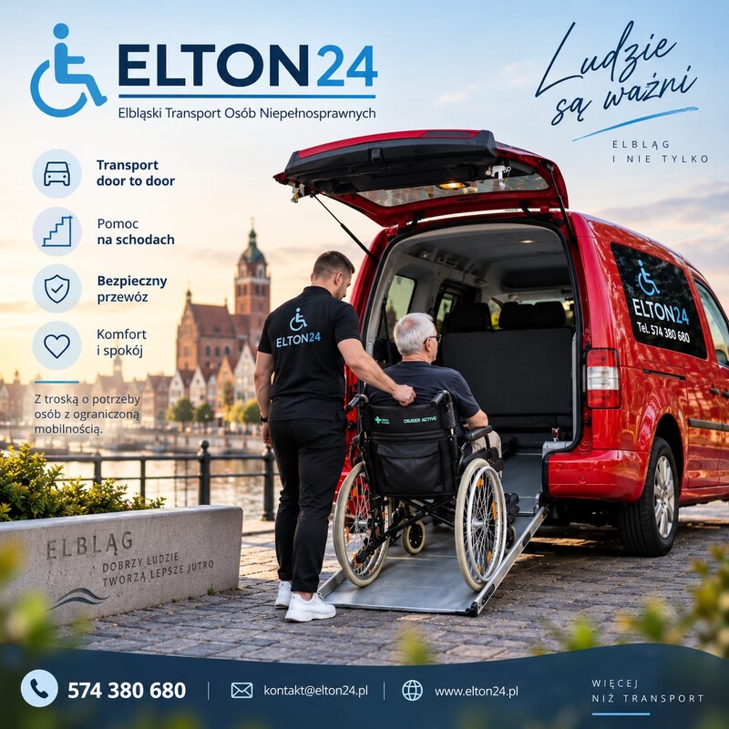 Elbląg ELTON24 – Elbląski Transport Osób Niepełnosprawnych Komfortowy przejazd i pełna pomoc na każdym etapie podróży.