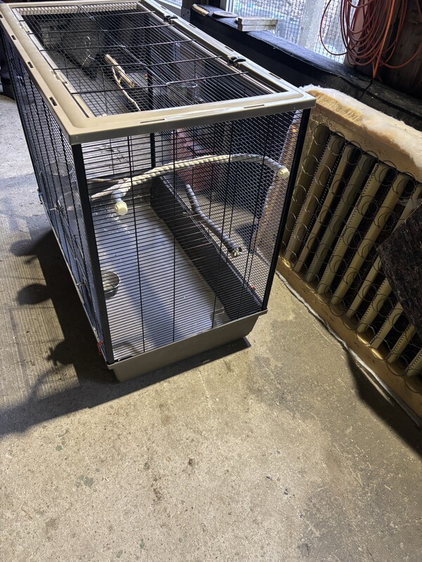 Elbląg Sprzedam klatkę dla papug. Wymiary: długość 1m, szerokość 55 cm, wysokość 85 cm. Stan bardzo dobry. Cena do