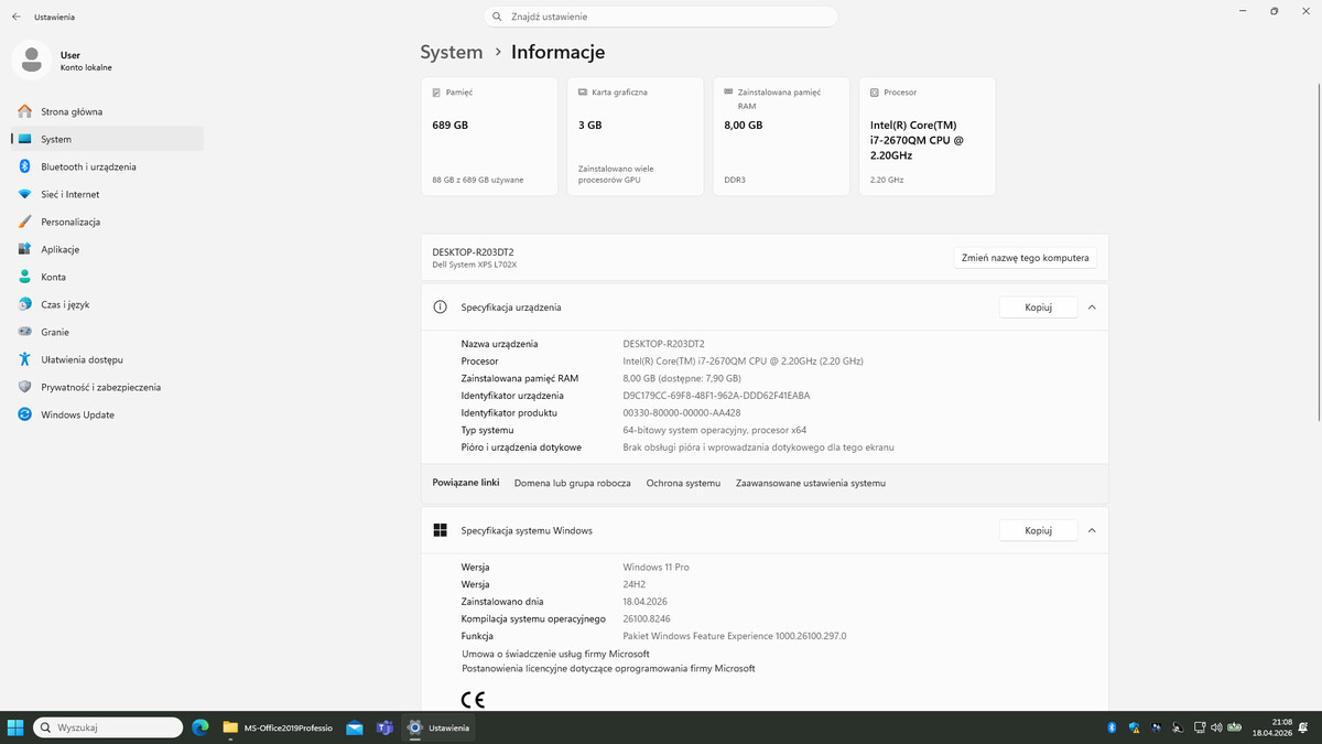 Elbląg Notebook 17 Dell XPS L702x i7-2670QM RAM8GB 256SSD 500HDD MS-Windows 11 Pro 64-bit + MS-Office Professional