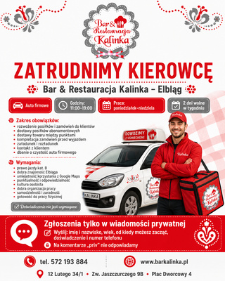 Elbląg ZATRUDNIĘ KIEROWCĘ – ELBLĄG Szukamy kierowcy do pracy przy rozwożeniu posiłków dla Baru Kalinka / FitElita.