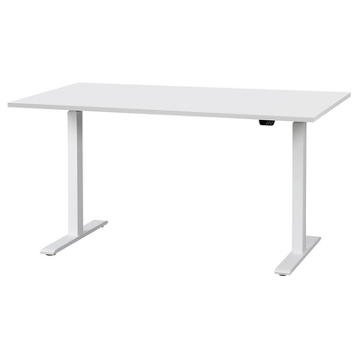 Elbląg Biurko elektryczne IKEA Rudolf 140x80 w kolorze białym. Widoczne ślady użytkowania na powierzchni blatu.