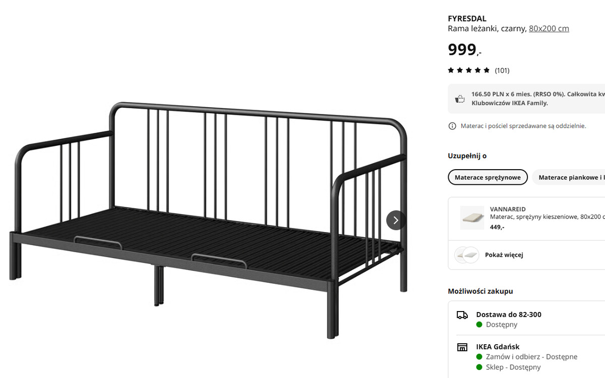 Elbląg Łóżko FYRSEDAL 80x200 IKEA + Materac M& K Foam Koło Amerika Multipocket H3
