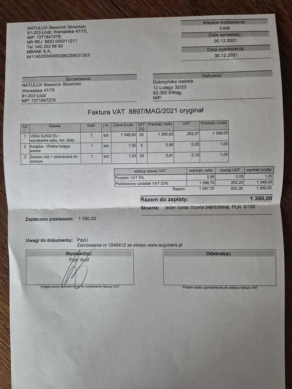 Elbląg Wyciskarka wielofunkcyjna wolnoobrotowa do soków Vidia SJ-002.Używana, w bardzo dobrym stanie. Dodatkowe