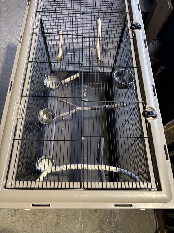 Elbląg Sprzedam klatkę dla papug. Wymiary: długość 1m, szerokość 55 cm, wysokość 85 cm. Stan bardzo dobry. Cena do