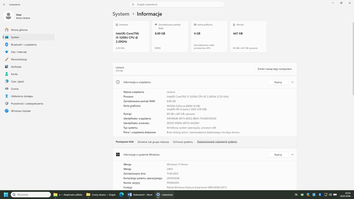 Elbląg Notebook 17 Lenovo Z70-80 - Type 80FG i5-5200U 2.2Ghz RAM8GB SSD500GB nVidia GeForce840M4GB MS-Windows 11 Pro