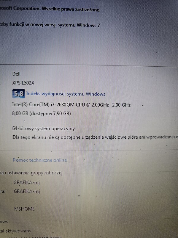 Elbląg Laptop dell XPS L502X, i7,8gb ram, dwie karty graficzne, dysk 640 gb, stan bdb. Bateria niestety nie trzyma.