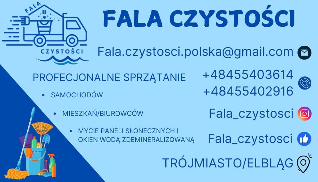 Elbląg ZAJMUJEMY SIĘ KOMPLEKSOWYM SPRZĄTANIEM AUT, MIESZKAŃ, BIUR I POSESJI ORAZ MYCIEM PANELI SŁONECZNYCH.