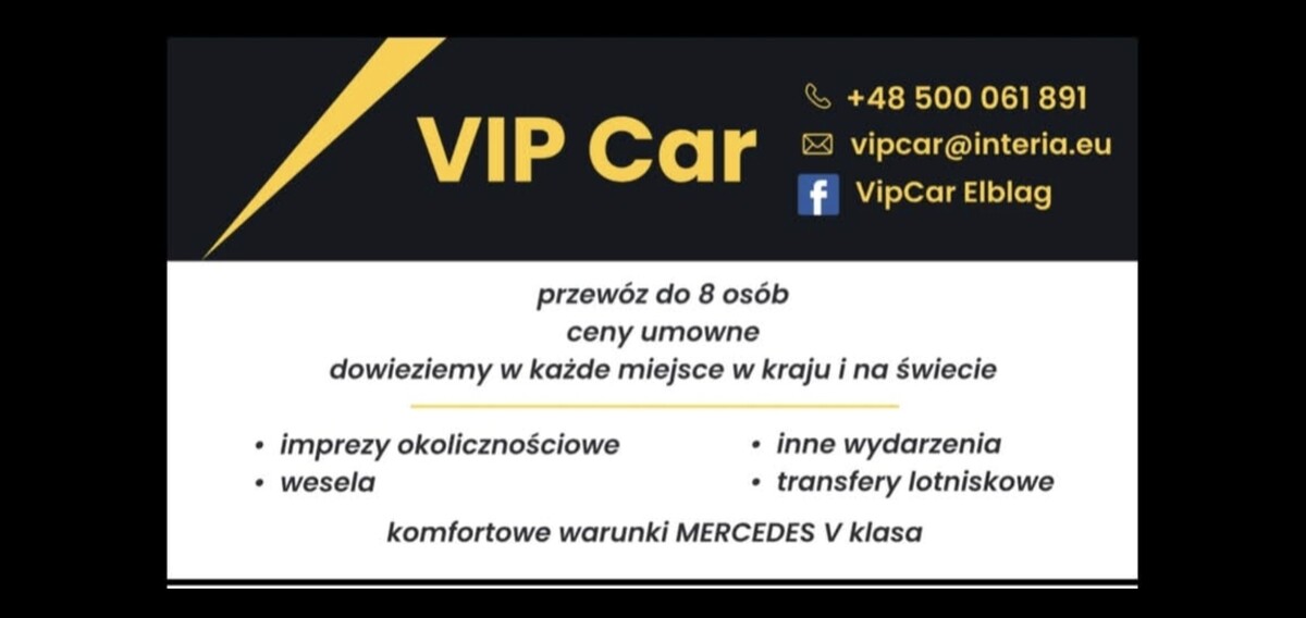 Elbląg VipCar Elbląg – TWÓJ KOMFORTOWY TRANSPORT NA KAŻDĄ OKAZJĘ 500 061 891Postaw na wygodę i bezpieczeństwo