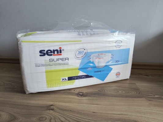 Elbląg Sprzedam 5 paczek pampersów marki Seni. Rozmiar XL. 5 paczka jest kompletna tylko otwarta. Cena za 1 paczkę 50zl.