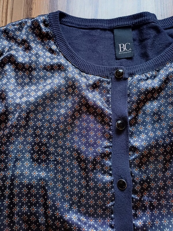 Elbląg Sweterek damski dzianinowy granatowy B. C.BEST CONNETIONS, Rozmiar 38,pasuje ns S M, przód atłasowy,